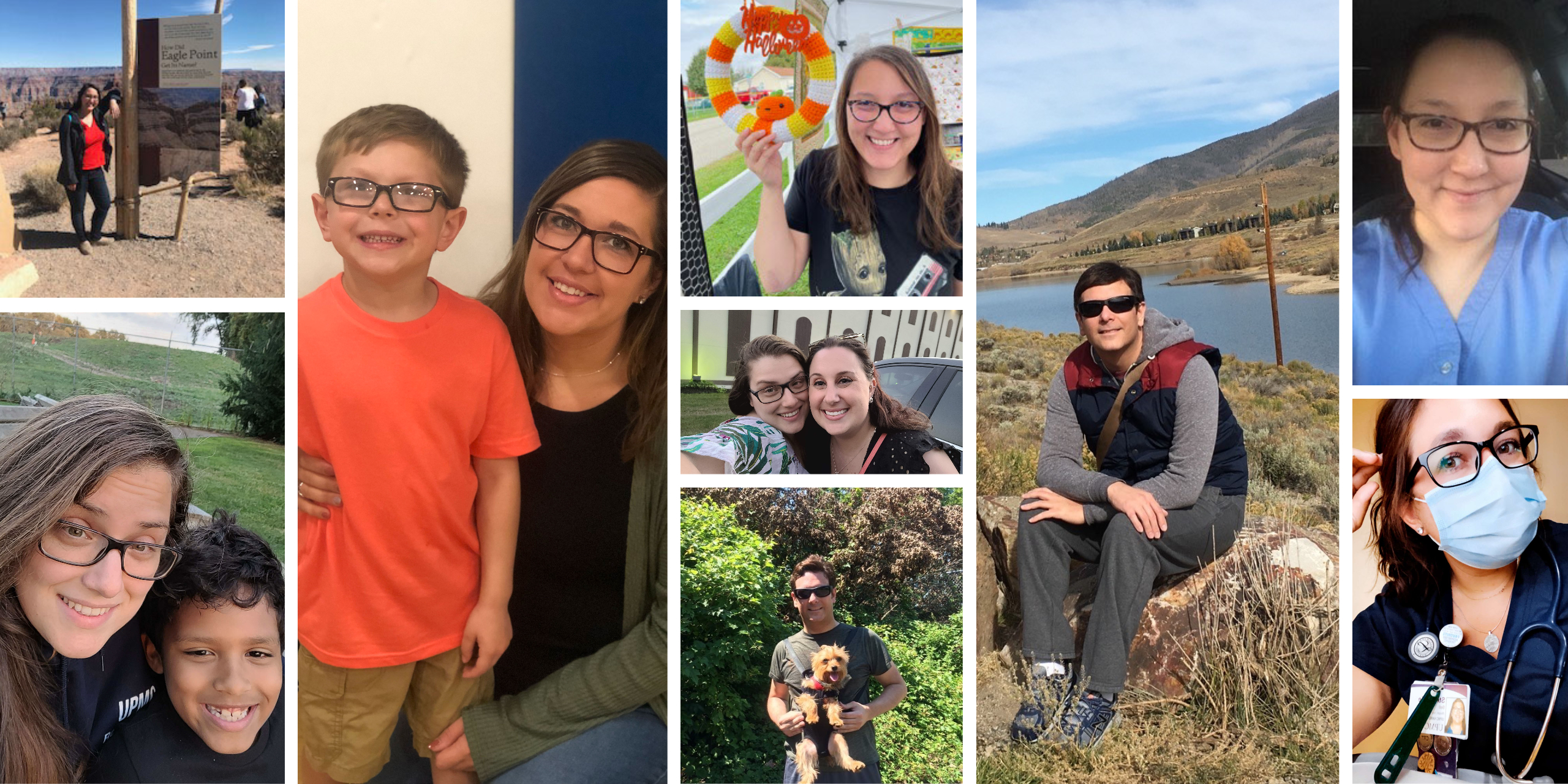 Collage of employees in various settings.