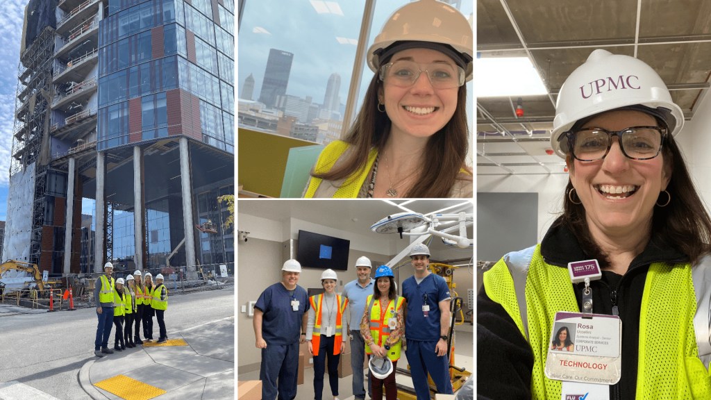 Collage of Information Technology workers outside of construction at Mercy Pavilion.